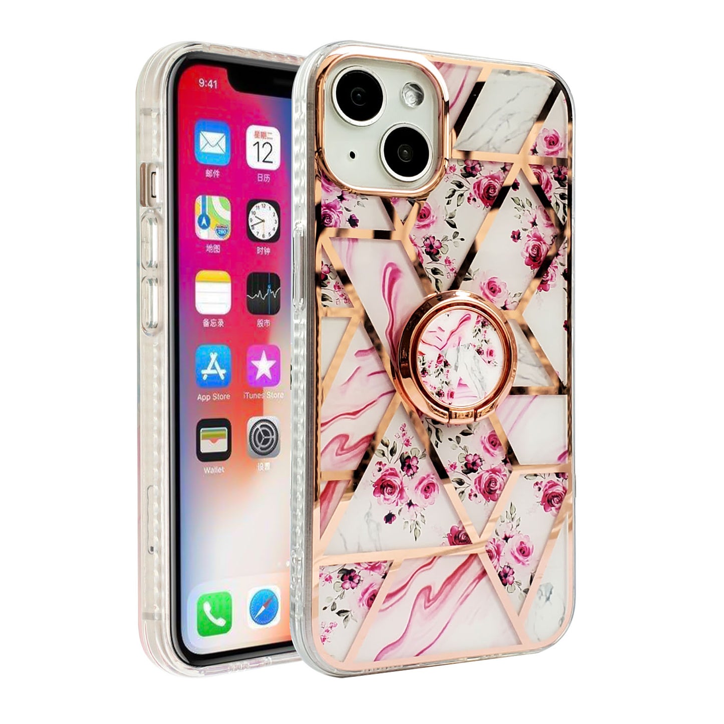 For Apple iPhone 14 Pro (6.1") Pattern Fashion Design Chromed Edge IMD with Ring Kickstand Hybrid TPU Hard Back  Phone Case Cover