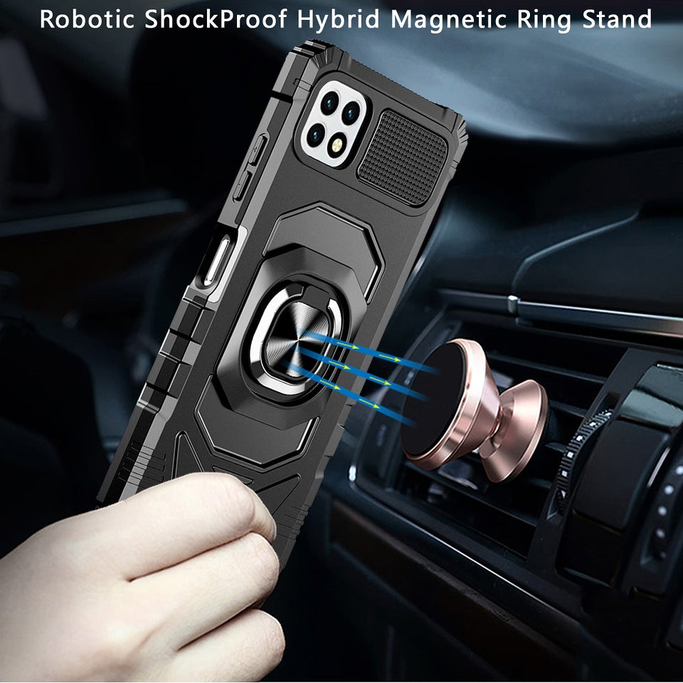 For AT&T Maestro 3 Hybrid Dual Layer with 360° Rotate Magnetic Ring Stand Holder Kickstand TPU Rugged PC Shockproof Silver Phone Case Cover