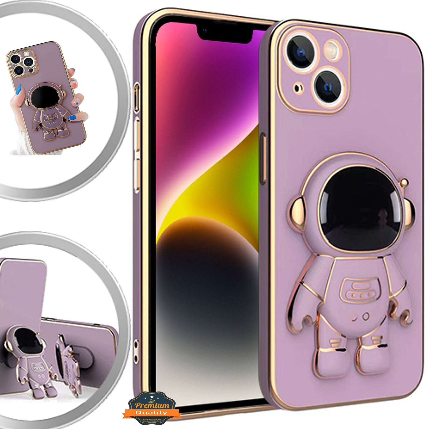 For Apple iPhone 14 /Plus Pro Max Astronaut Hidden Stand Holder Plating Hybrid Electroplated Bumper Shockproof Armor Cute  Phone Case Cover