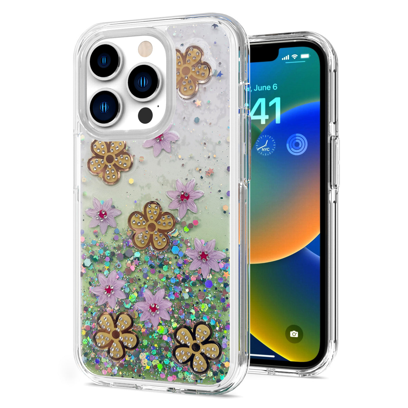 For Apple iPhone 14 /Plus Pro Max Floral Stylish Design Glitter Shiny Hybrid Rubber TPU Hard PC Shockproof Slim  Phone Case Cover