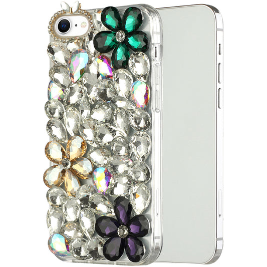 For Apple iPhone SE 3 (2022) SE/8/7 Bling Clear Crystal 3D Full Diamonds Luxury Sparkle Rhinestone Hybrid Green/ Gold/ Purple Phone Case Cover