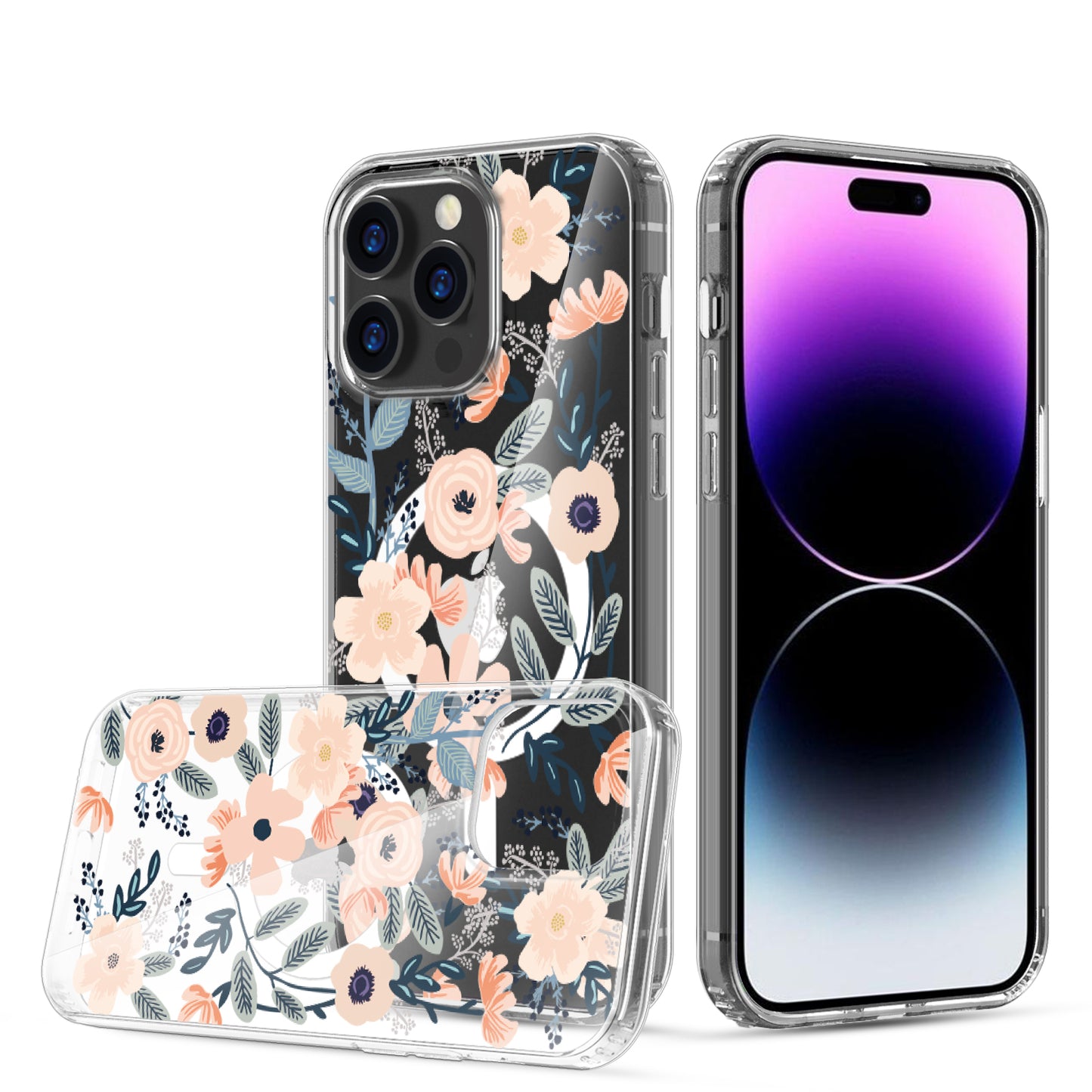 For Apple iPhone 14 /Plus Pro Max Clear Flower Pattern Design Compatible with MagSafe & Wireless Charging  Phone Case Cover