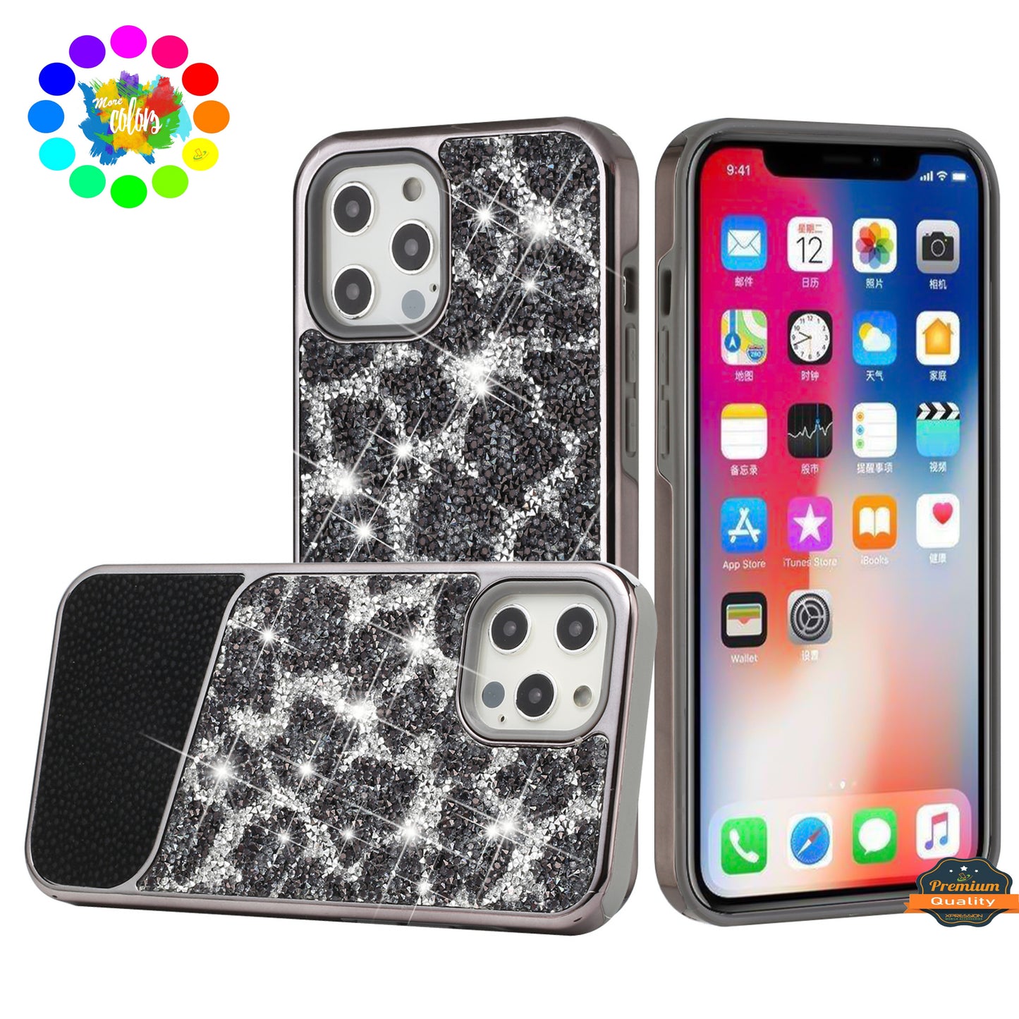 For Apple iPhone 14 Pro Max (6.7") Bling Animal Design Glitter Hybrid Thick Shiny Protective Rubber Frame  Phone Case Cover