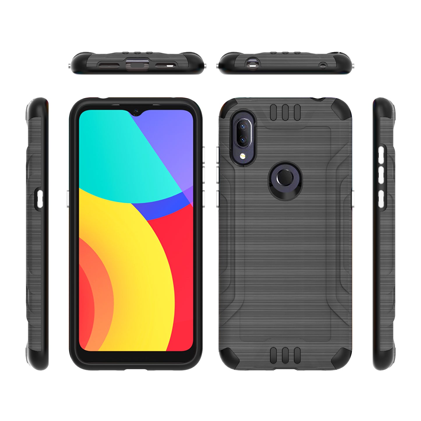 For AT&T Maestro 3 Hybrid Dual Layer Slim Metallic Brush Texture Hard PC TPU Rubber with Screen Protector Tempered Glass  Phone Case Cover