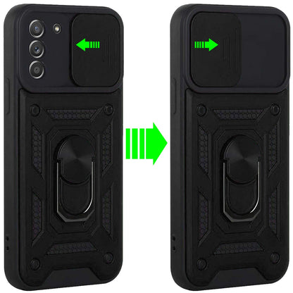 For Samsung Galaxy A02S Hybrid Cases with Slide Camera Lens Cover and Ring Holder Kickstand Rugged Dual Layer Heavy Duty  Phone Case Cover