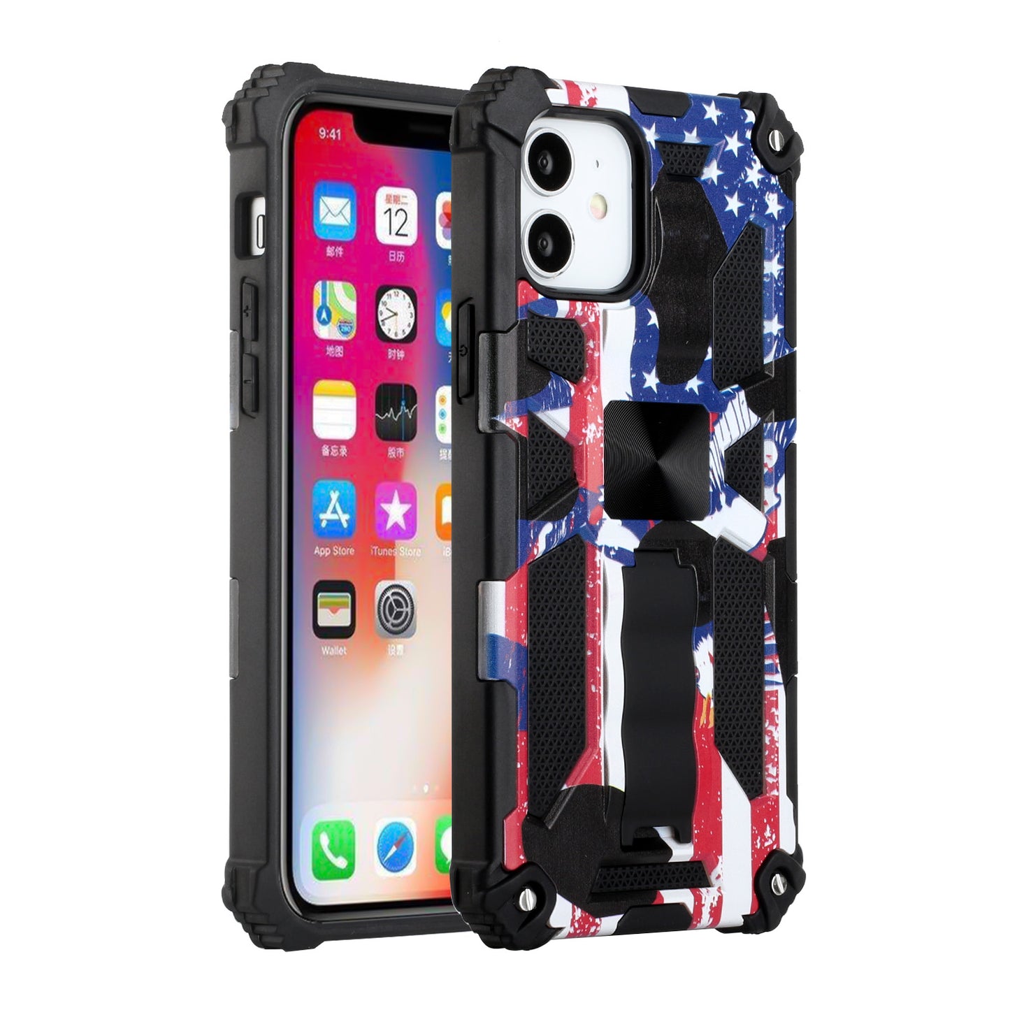 For Apple iPhone 14 Pro (6.1") Heavy Duty Hybrid Fold Slide Kickstand [Military Grade] Rugged Magnetic Car Mount Stand American Flag USA Phone Case Cover
