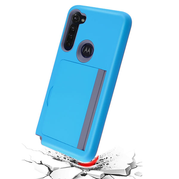 For Motorola Moto G Stylus (2020) Credit Card Wallet Back Storage Invisible Pocket Dual Layer Hard PC TPU Hybrid Blue Phone Case Cover