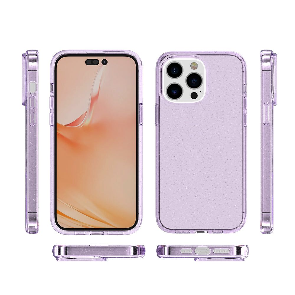 For Apple iPhone 14 Pro Max (6.7") Transparent Glitter Bling Sparkly Hybrid Hard PC Shell & Soft TPU Shock-Absorption Bumper Purple Phone Case Cover
