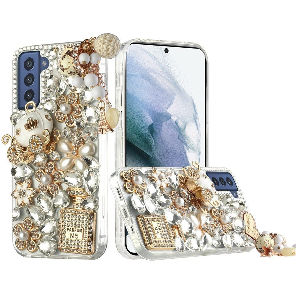 For Samsung Galaxy S22 Bling Clear Crystal 3D Full Diamonds Luxury Sparkle Rhinestone Hybrid TPU Protective Ultimate Multi Ornament White Phone Case Cover