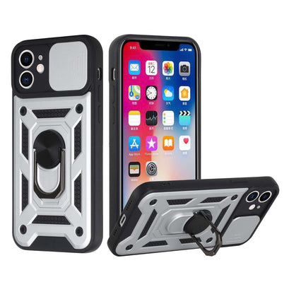 For Apple iPhone SE 2022 /SE 2020/8/7 Hybrid Cases with Camera Lens Cover, Ring Kickstand Rugged Dual Layer Heavy Duty Silver Phone Case Cover