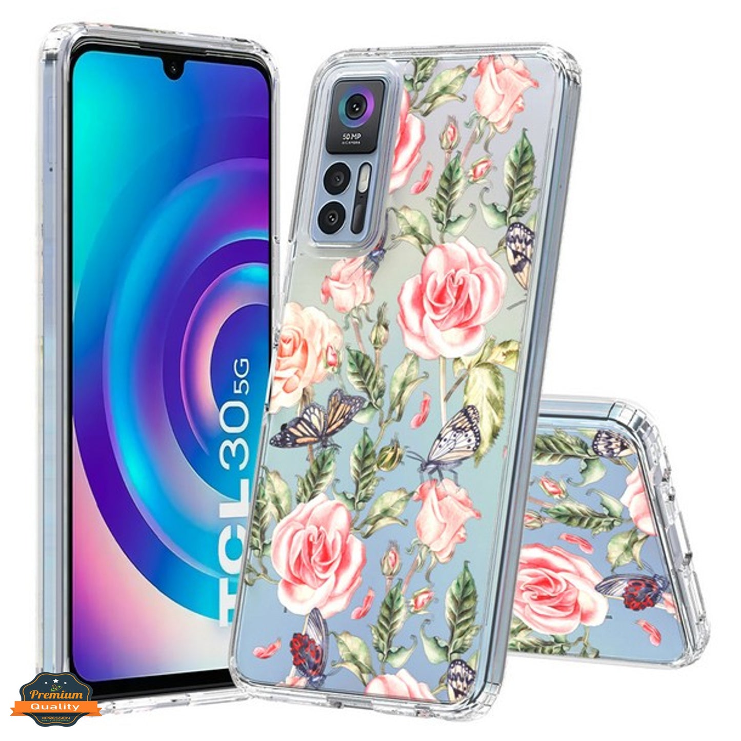 For TCL 30 5G /TCL 30+ Plus /TCL 30 Floral Patterns Design Transparent TPU Silicone Shock Absorption Hard PC Back  Phone Case Cover