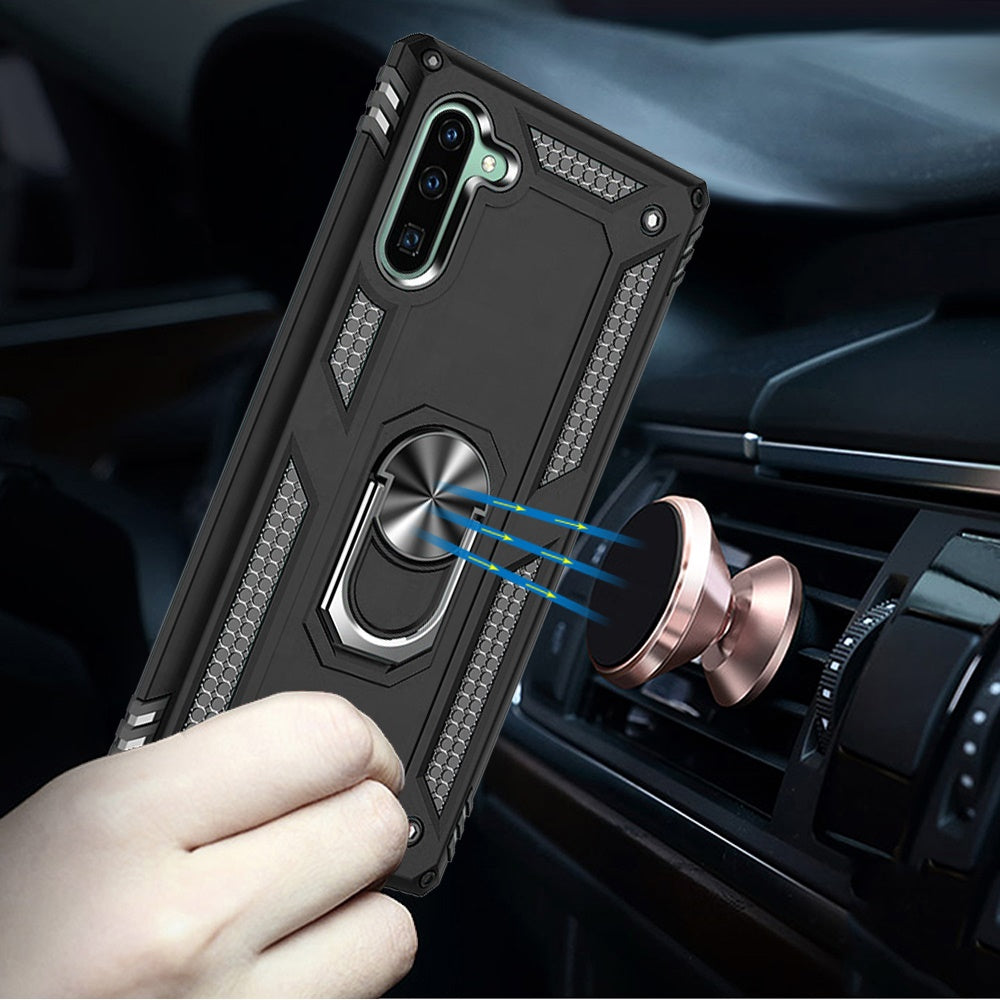 For Samsung Galaxy Note 10 Military Grade Rugged Dual Layers 2in1 Hard PC + TPU Shockproof Hybrid with Ring Kickstand Black Phone Case Cover