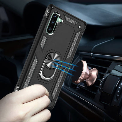 For Samsung Galaxy Note 10 Military Grade Rugged Dual Layers 2in1 Hard PC + TPU Shockproof Hybrid with Ring Kickstand Black Phone Case Cover