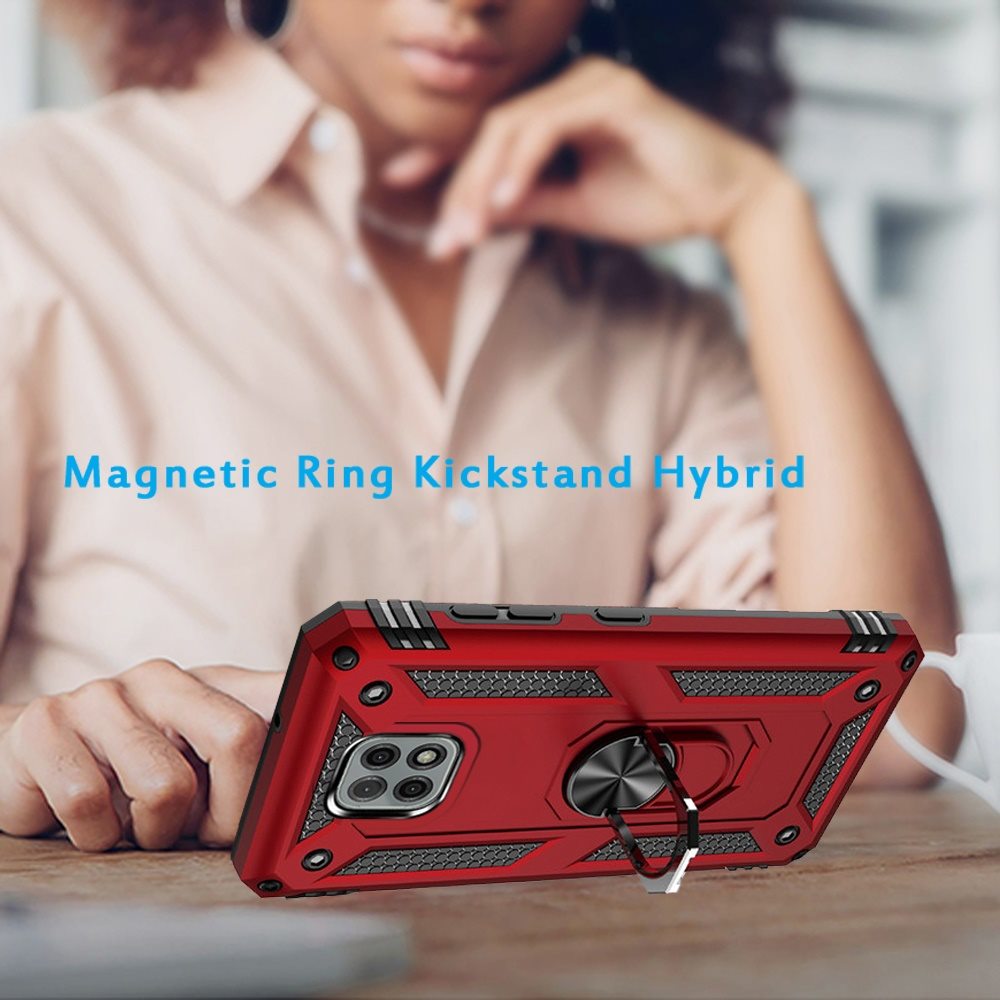 For Motorola Moto G Pure Hybrid Armor Durable 360 Degree Rotatable Ring Stand Holder Kickstand Fit Magnetic Car Mount Red Phone Case Cover