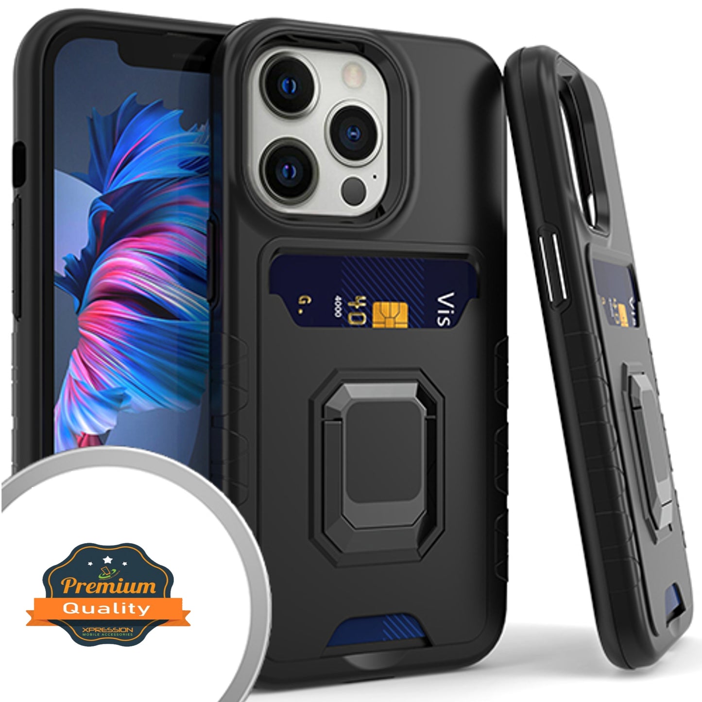 For Apple iPhone 13 /Pro Max Mini Wallet Credit Card Slot Holder with Metal Ring Kickstand Heavy Duty Shockproof Hybrid Dual Layer Magnetic Stand  Phone Case Cover