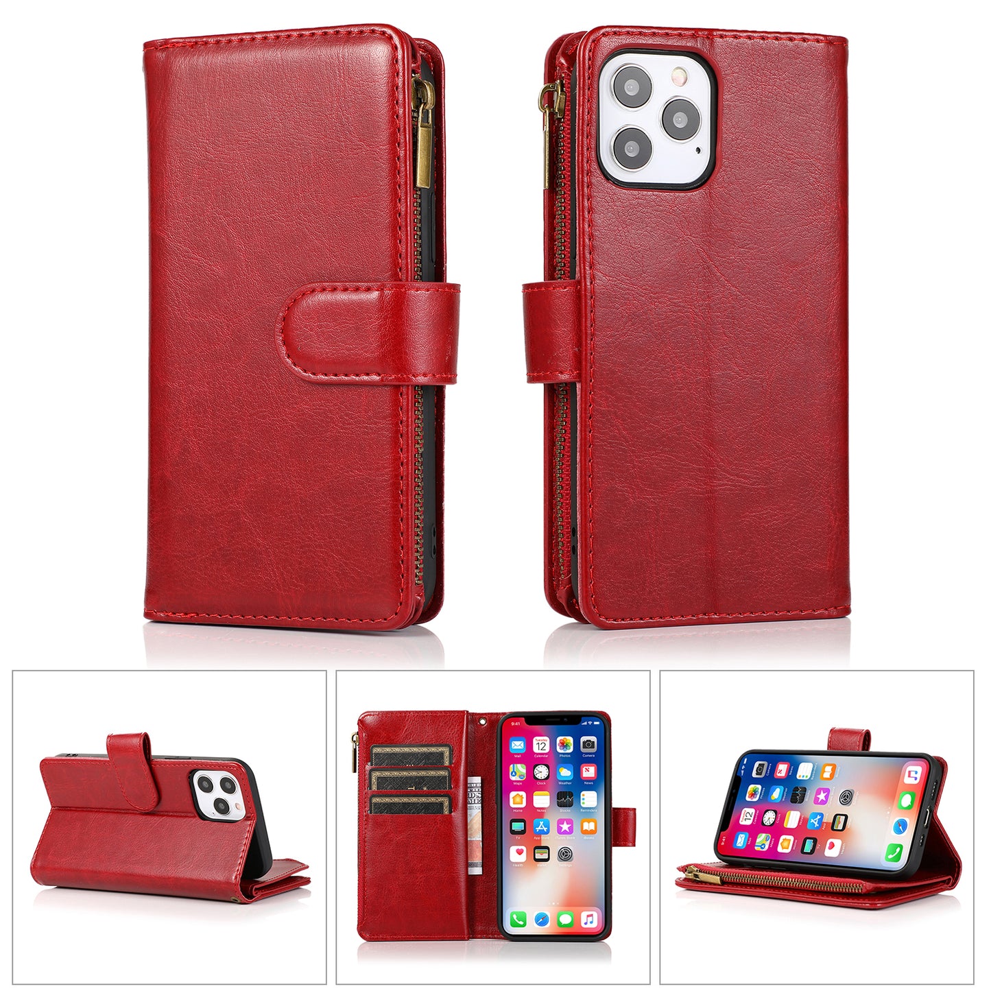For Apple iPhone 14 Pro (6.1") Leather Zipper Wallet Case 9 Credit Card Slots Cash Money Pocket Clutch Pouch, Stand & Strap  Phone Case Cover
