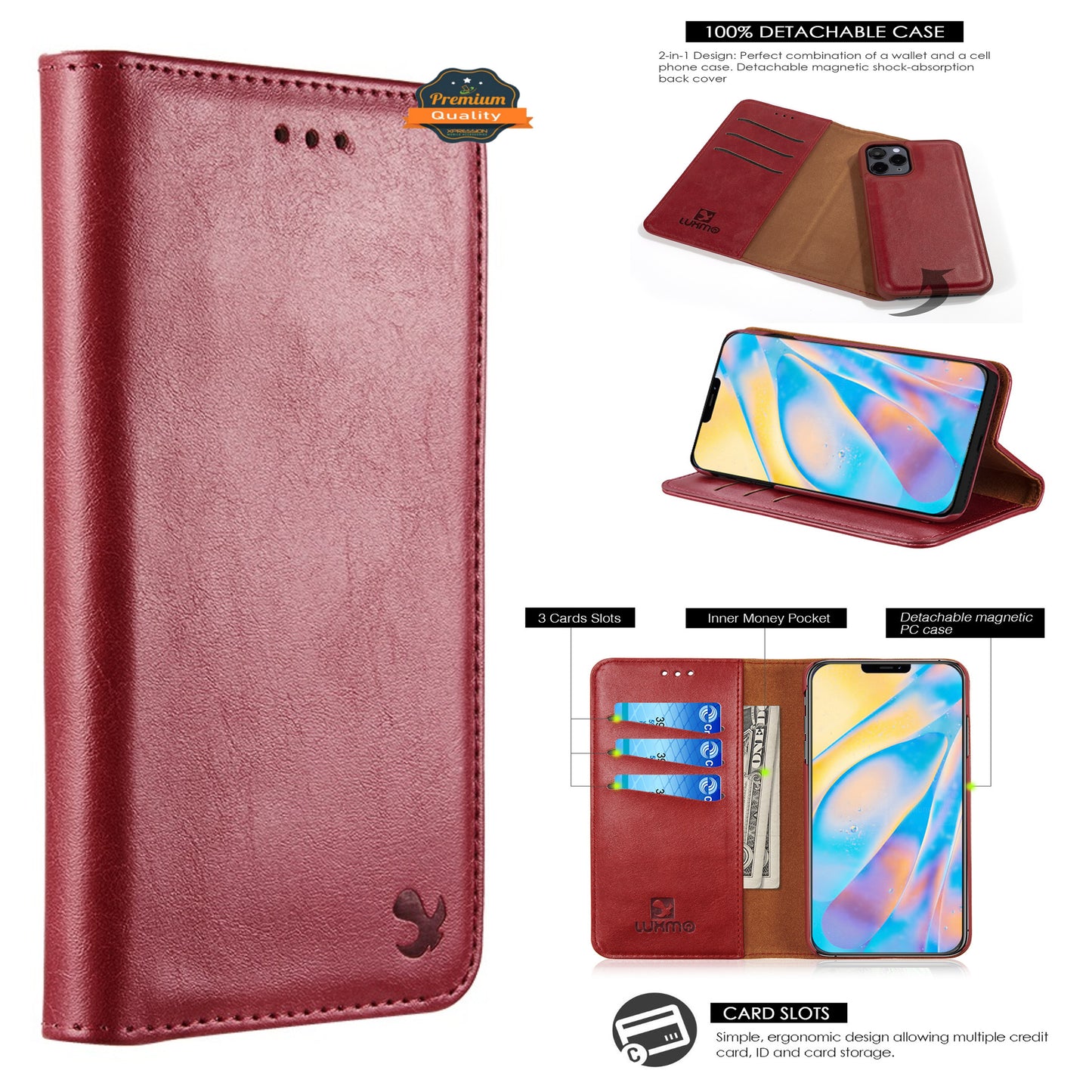 For Apple iPhone 13 /Pro Max Mini Luxury PU Leather Wallet Pouch Magnetic Detachable with Credit Card Slots Removable Flip Kickstand  Phone Case Cover