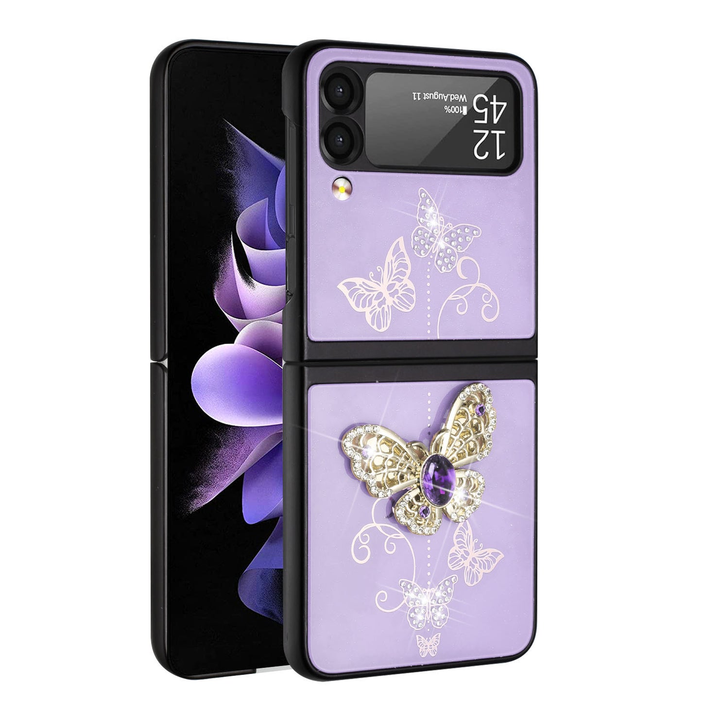 For Samsung Galaxy Z Flip 4 5G 3D Diamond Bling Sparkly Glitter Ornaments Engraving Hybrid Metal Fashion Purple Garden Butterflies Phone Case Cover