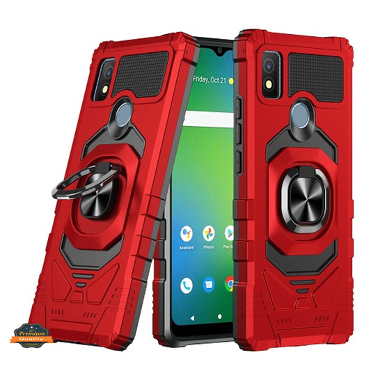 For Cricket Icon 4 Armor Hybrid Stand Ring Hard TPU Rugged Protective [Military-Grade] Magnetic Car Ring Holder Red