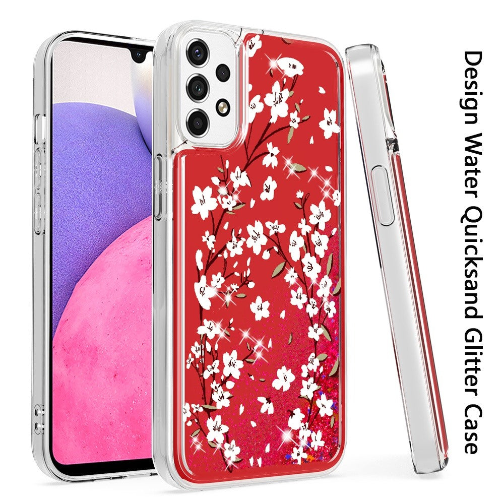 For Samsung Galaxy A33 5G Floral Design Quicksand Water Liquid Floating Sparkle Colorful Glitter Bling Flower Fashion Hybrid  Phone Case Cover