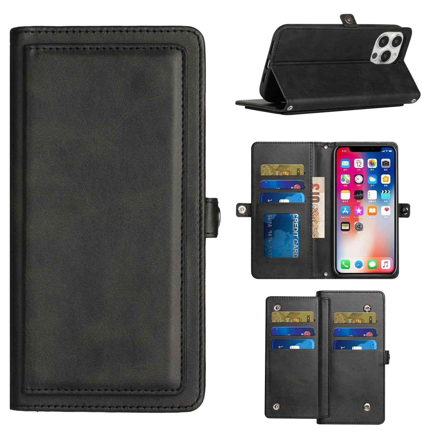 For Apple iPhone 14 Pro Max (6.7") Luxury 9 ID Cash Credit Card Slots Holder Carrying Pouch Folio Flip PU Leather Lanyard  Phone Case Cover