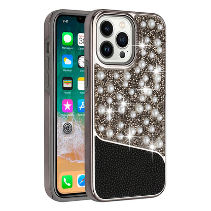 For Apple iPhone 14 Pro (6.1") Bling Pearl Diamonds Design Glitter Hybrid Thick Hard TPU Shiny Protective Rubber Frame  Phone Case Cover