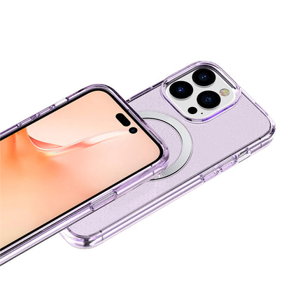 For Apple iPhone 14 Pro (6.1") Transparent Glitter Bling Sparkly Hybrid Hard PC TPU Grip Shockproof Compatible with MagSafe Purple Phone Case Cover