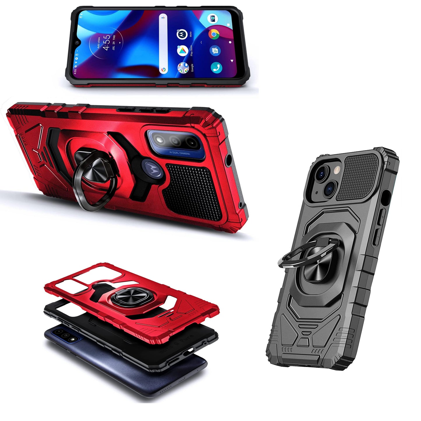 For AT&T Maestro 3 Armor Hybrid Stand Ring Hard TPU Rugged Full-Body [Military-Grade] Magnetic Car Ring Holder Red Phone Case Cover