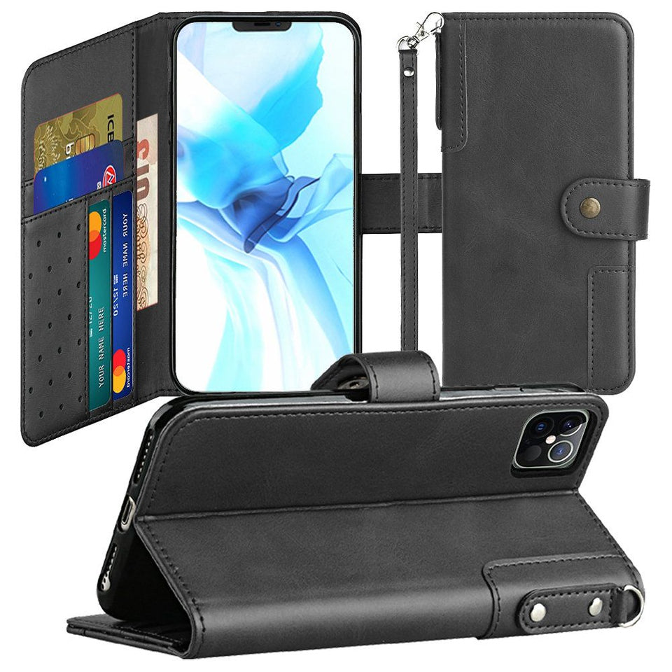 For Apple iPhone 13 Pro Max (6.7") Wallet Case with Credit Card Holder, PU Leather Flip Pouch Kickstand & Strap TPU Shockproof Protective  Phone Case Cover