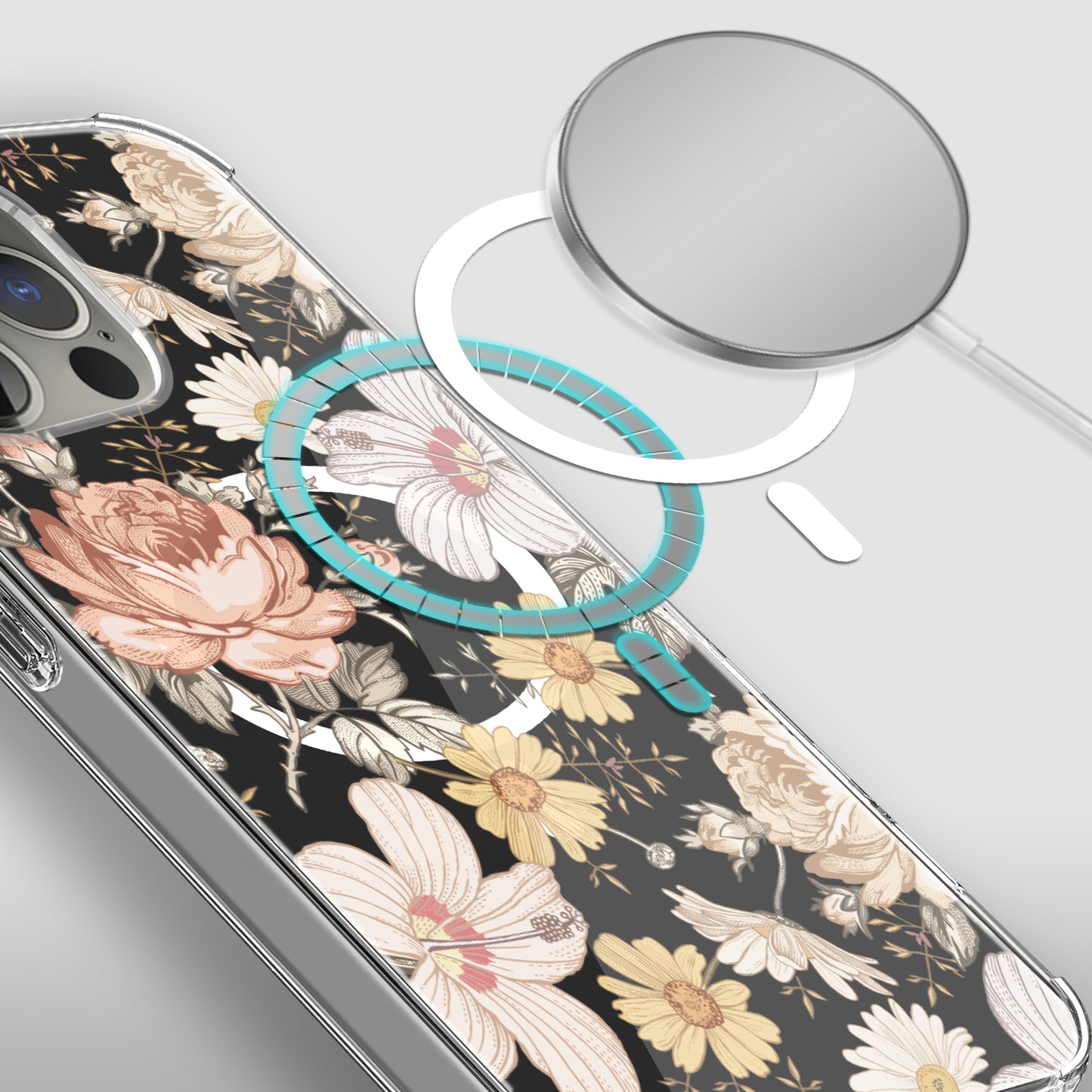 For Apple iPhone 14 /Plus Pro Max Clear Flower Pattern Design Compatible with MagSafe & Wireless Charging  Phone Case Cover