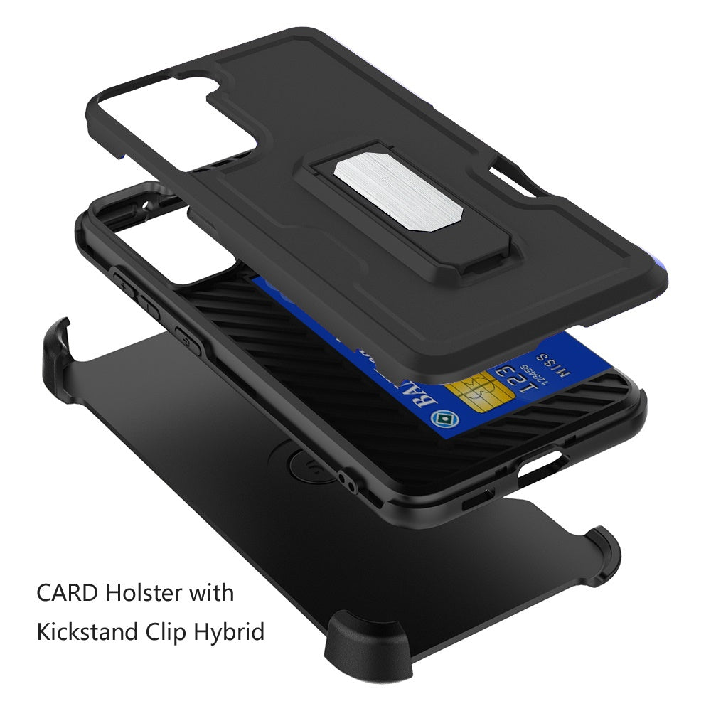 For Samsung Galaxy S22 Ultra Armor Belt Clip with Card Holder, Holster, Kickstand Protective Full Body Heavy Duty Hybrid Black Phone Case Cover