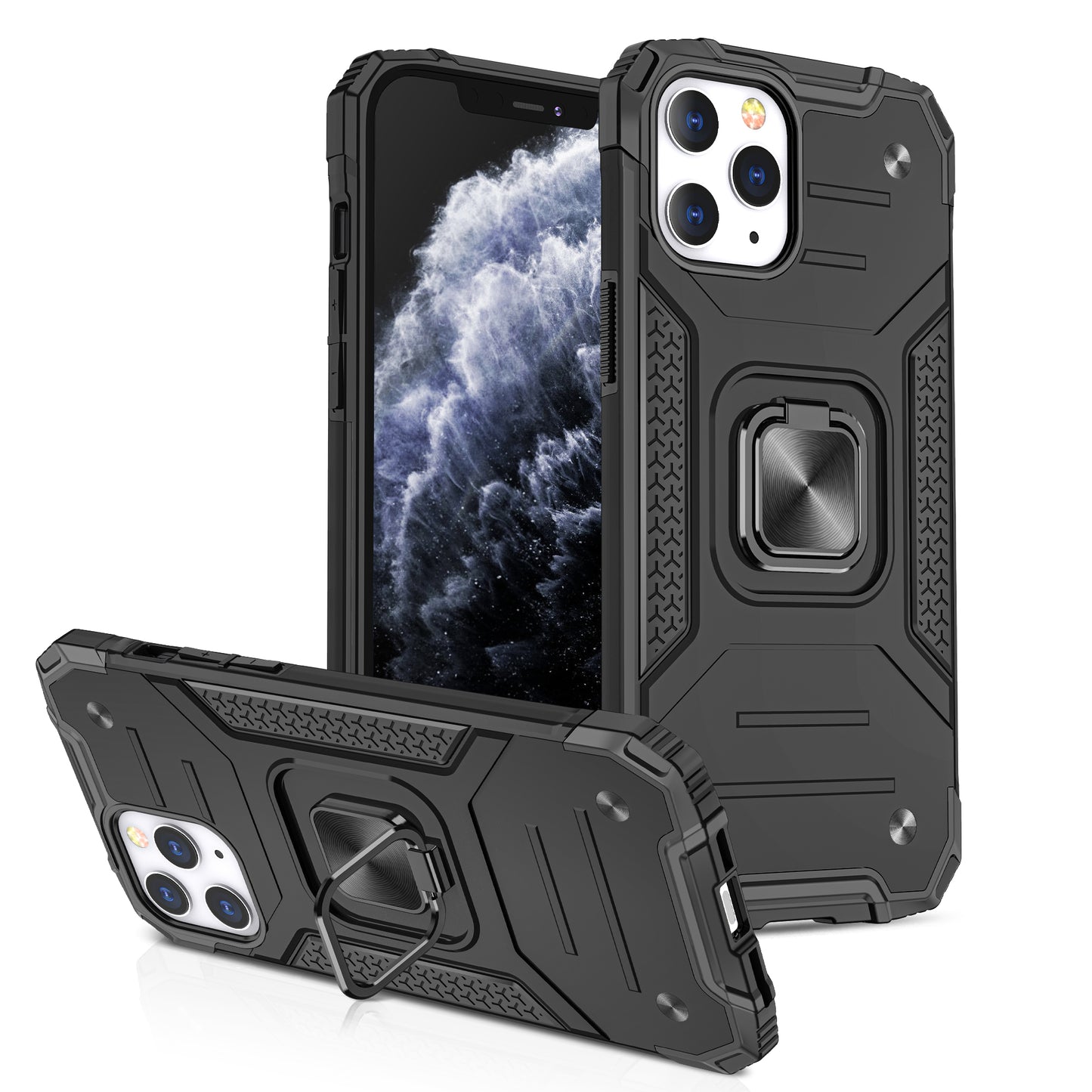 For Apple iPhone 14 Plus (6.7") Armor Hybrid with Ring Holder Kickstand Shockproof Heavy-Duty Durable Rugged Dual Layer Black Phone Case Cover