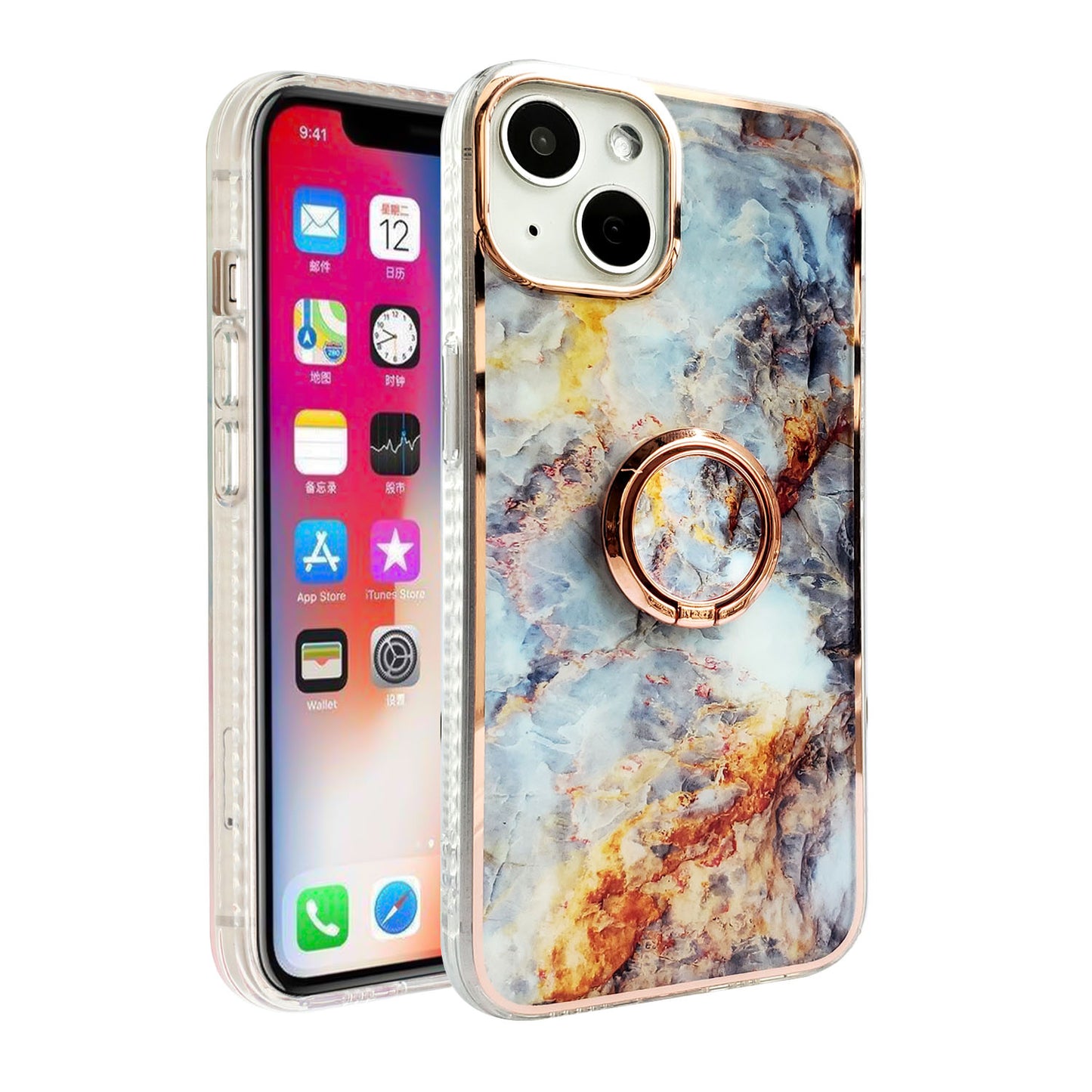For Apple iPhone 14 (6.1") Pattern Fashion Design Chromed Edge IMD with Ring Kickstand Hybrid TPU Hard Back  Phone Case Cover