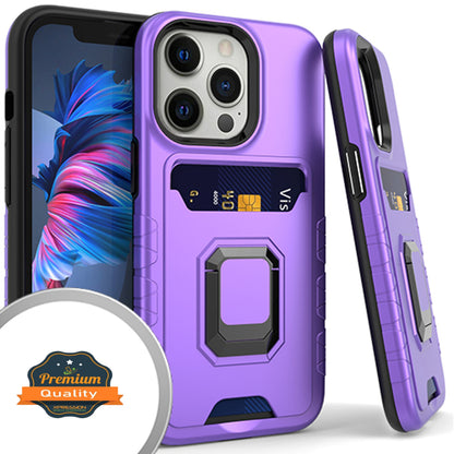For Apple iPhone 14 (6.1") Wallet Credit Card Slot Holder with Metal Ring Kickstand Hybrid Dual Layer Magnetic Stand  Phone Case Cover