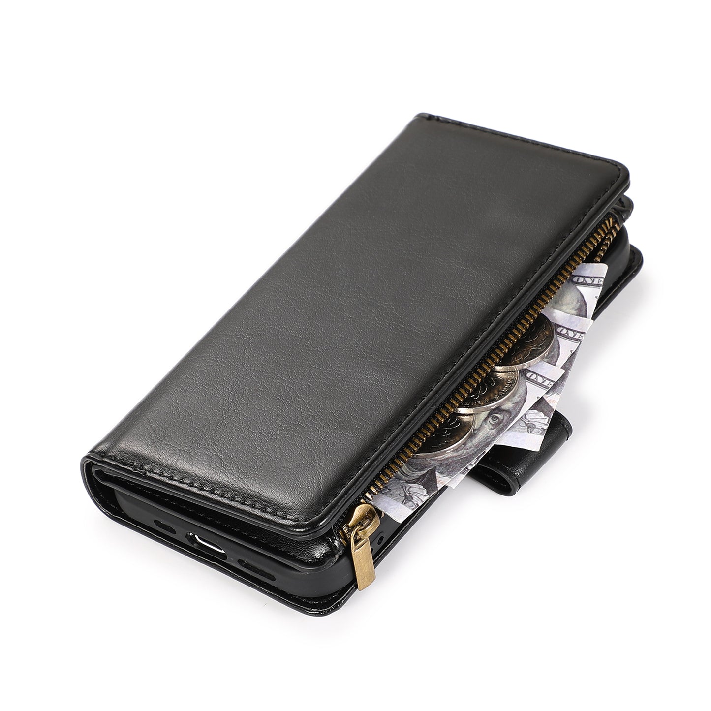For Apple iPhone 14 Pro (6.1") Leather Zipper Wallet Case 9 Credit Card Slots Cash Money Pocket Clutch Pouch, Stand & Strap  Phone Case Cover