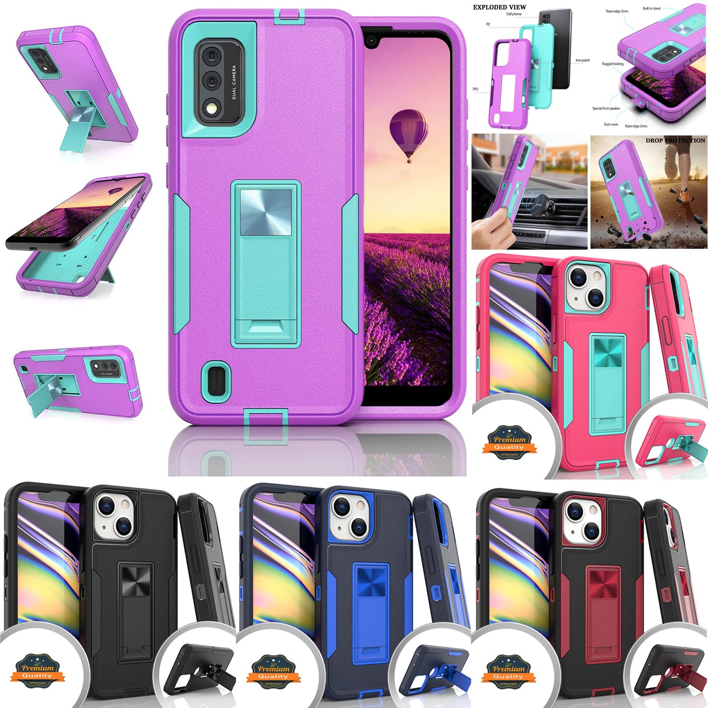 For Apple iPhone 14 (6.1") Military Grade Full-Body Rugged with Kickstand Hybrid Heavy Duty Support Car Mount Holder  Phone Case Cover