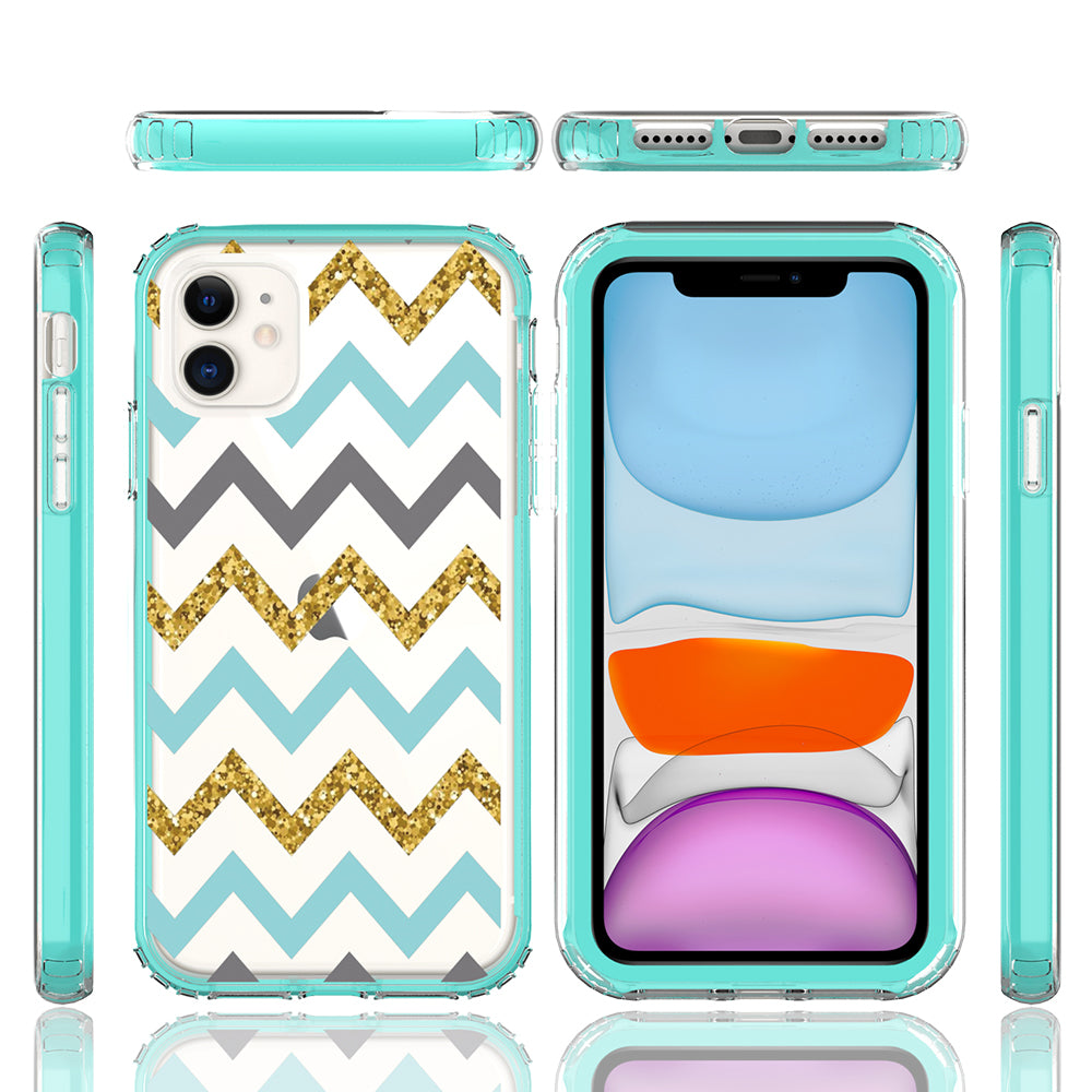 For Apple iPhone 14 Plus (6.7") Beautiful Design 3in1 Hybrid Triple Layer Armor Hard PC Plastic Rubber Frame Teal Chevron Phone Case Cover