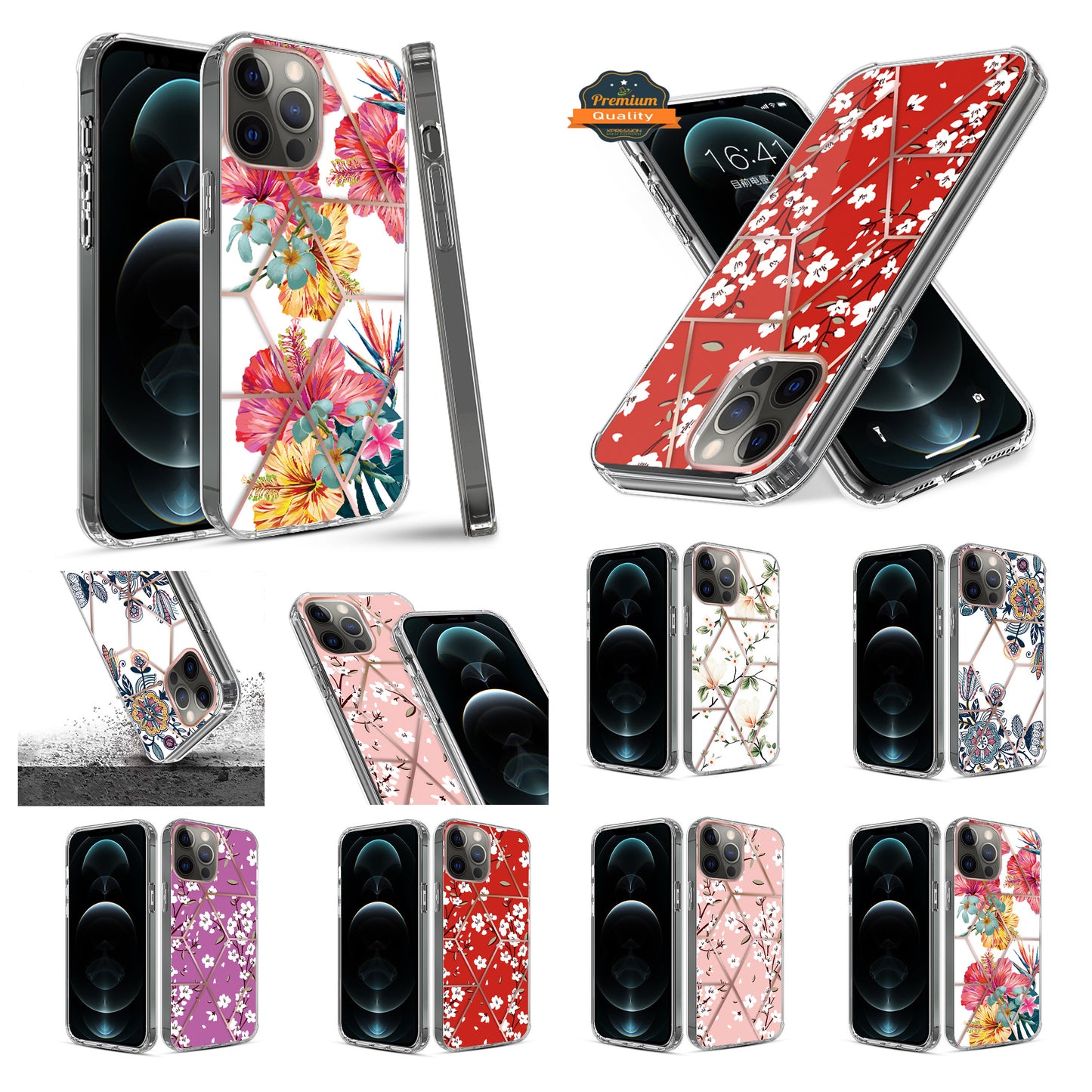 For Apple iPhone 14 Pro Max (6.7") Fashion Art Floral Design Beautiful Flower Pattern Hybrid Protective Hard  Phone Case Cover