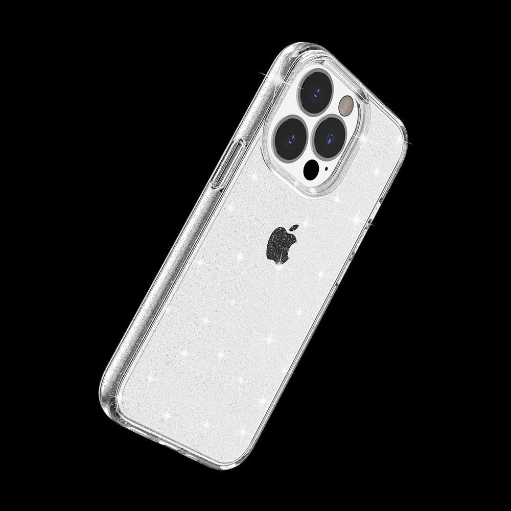 For Apple iPhone 14 Pro (6.1") Transparent Glitter Shiny Sparkle Bling TPU Rubber Hard Back Hybrid Frame Shockproof Clear Phone Case Cover