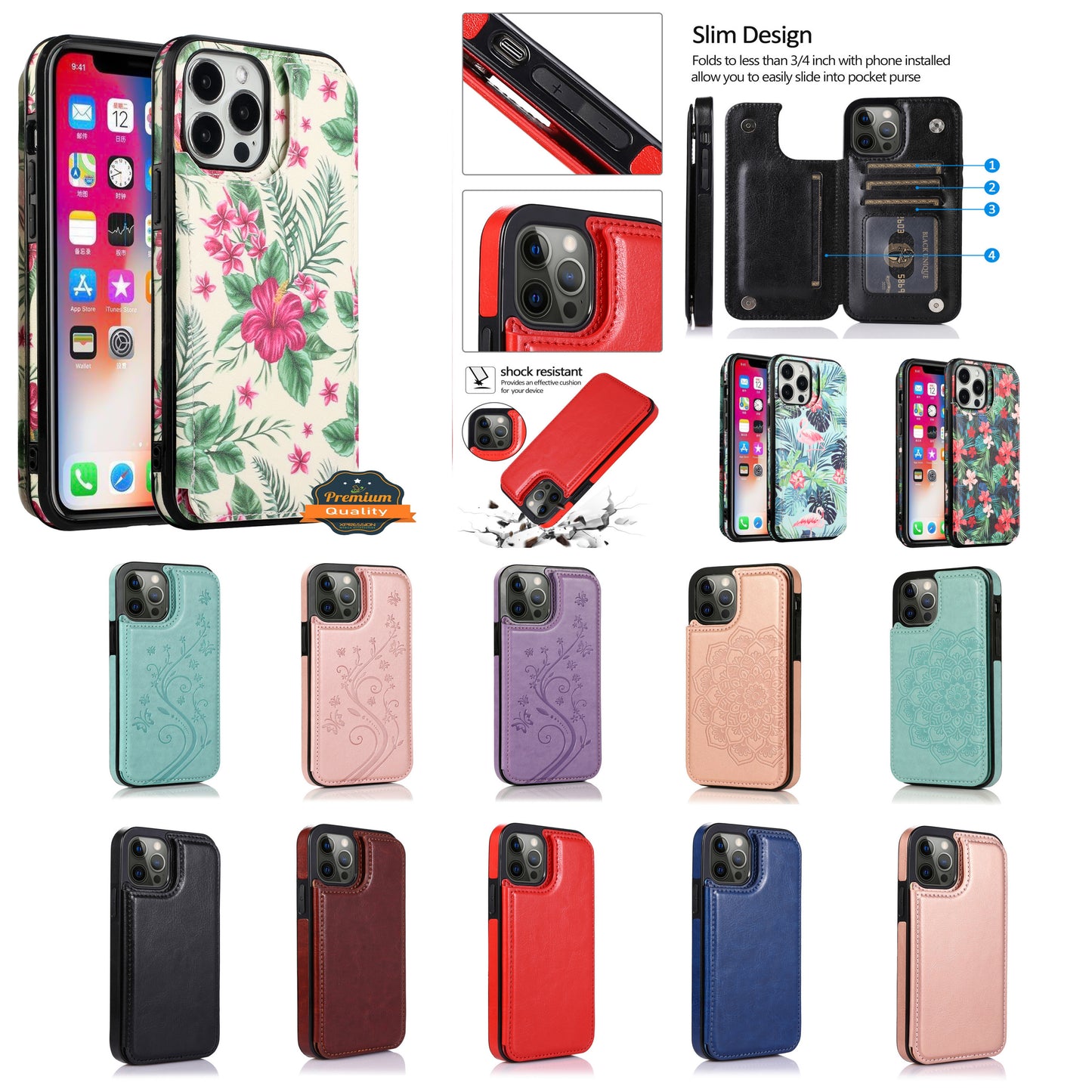 For Apple iPhone 14 /Plus Pro Max Wallet PU Leather [Two Magnetic Clasp] [Card Slots] Stand Back Storage Flip  Phone Case Cover