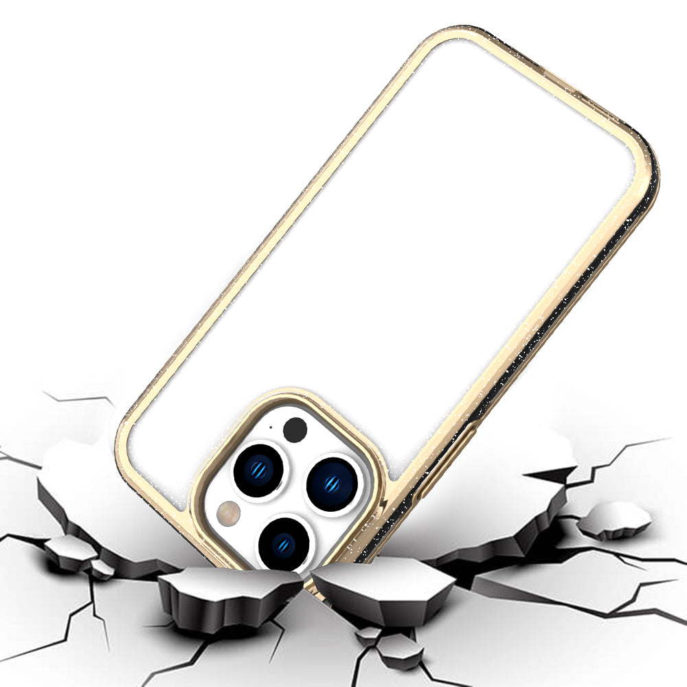 For Apple iPhone 14 /Plus Pro Max Electroplated Gold Frame Glitter Bling Transparent Hybrid Hard PC + TPU  Phone Case Cover