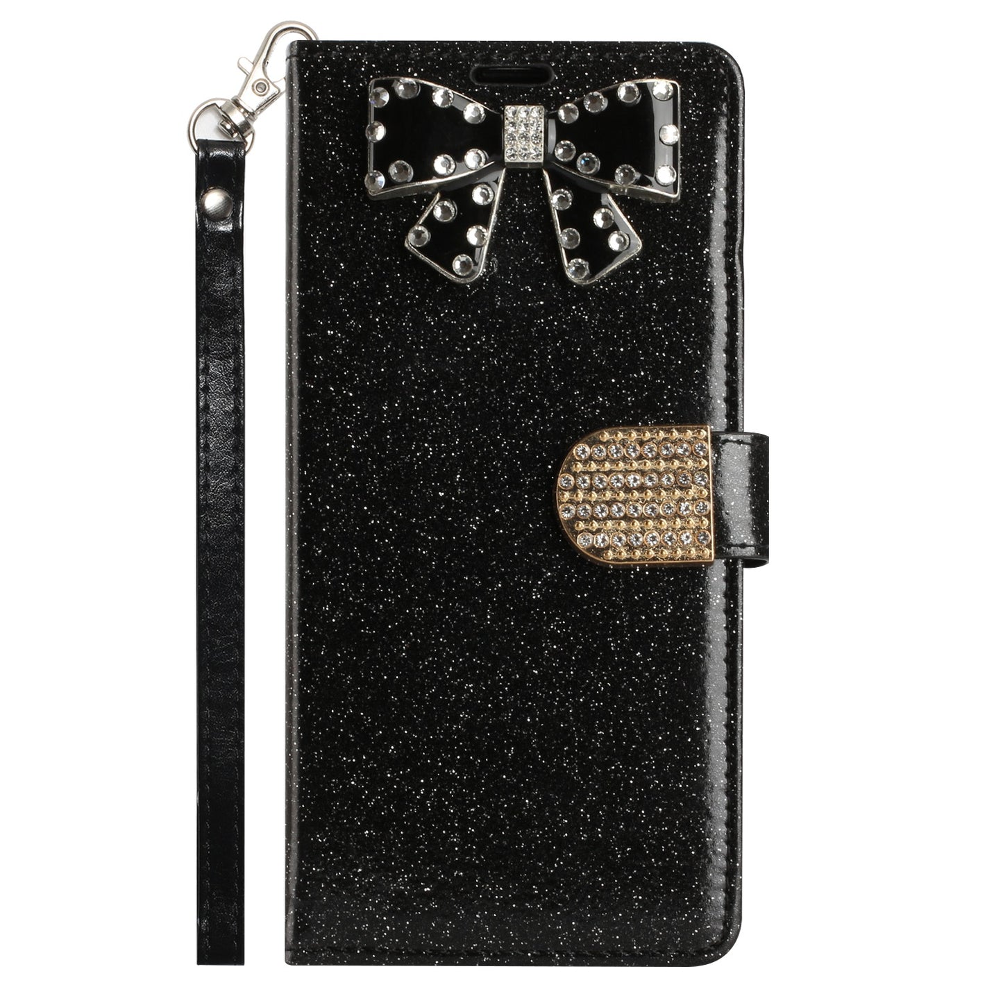 For Apple iPhone 14 Pro (6.1") Wallet Bow Glitter Bling Ornament Shimmer with Credit Card Slot Pocket & Lanyard Strap  Phone Case Cover