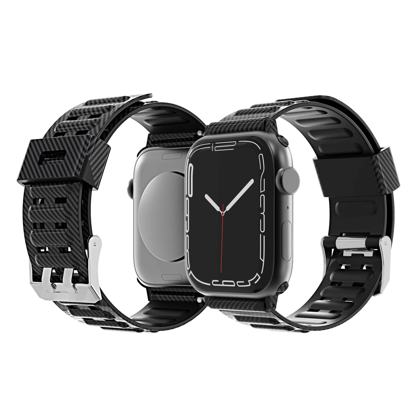 For Apple Watch Size 42/44/45mm Sport Bands Carbon Fiber Design Rubber TPU Replacement Band Strap for iWatch Series 7/SE/6/5/4/3/2/6 Black Phone Case Cover