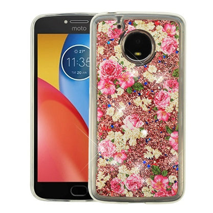 For Motorola Moto E4 Plus (XT1773) Quicksand Liquid Glitter Bling Hybrid Image Flowing Sparkle Protector TPU Skin European Rose Gold Flowers Phone Case Cover