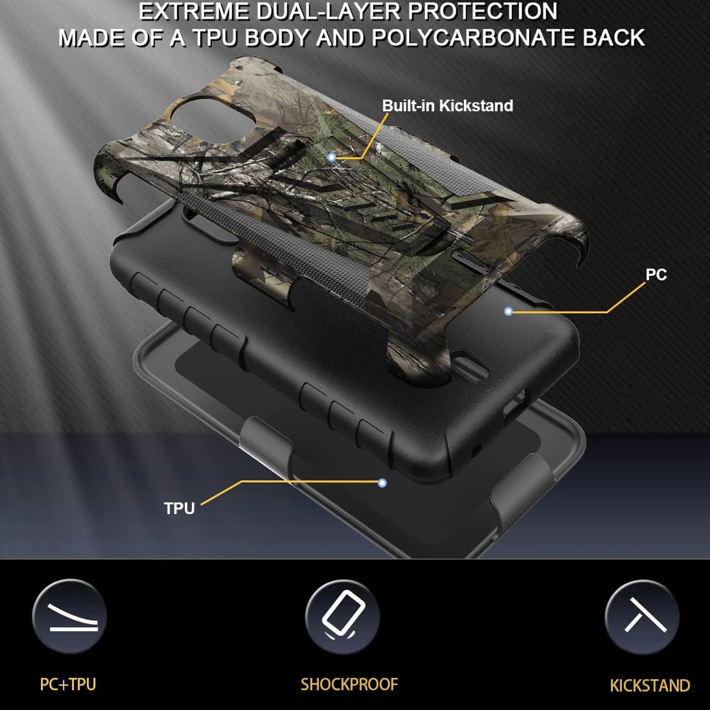 For T-Mobile Revvl 6 Pro 5G Swivel Belt Clip Holster with Built-in Kickstand, Heavy Duty Hybrid 3in1 Shockproof Defender Camo Camouflage Phone Case Cover