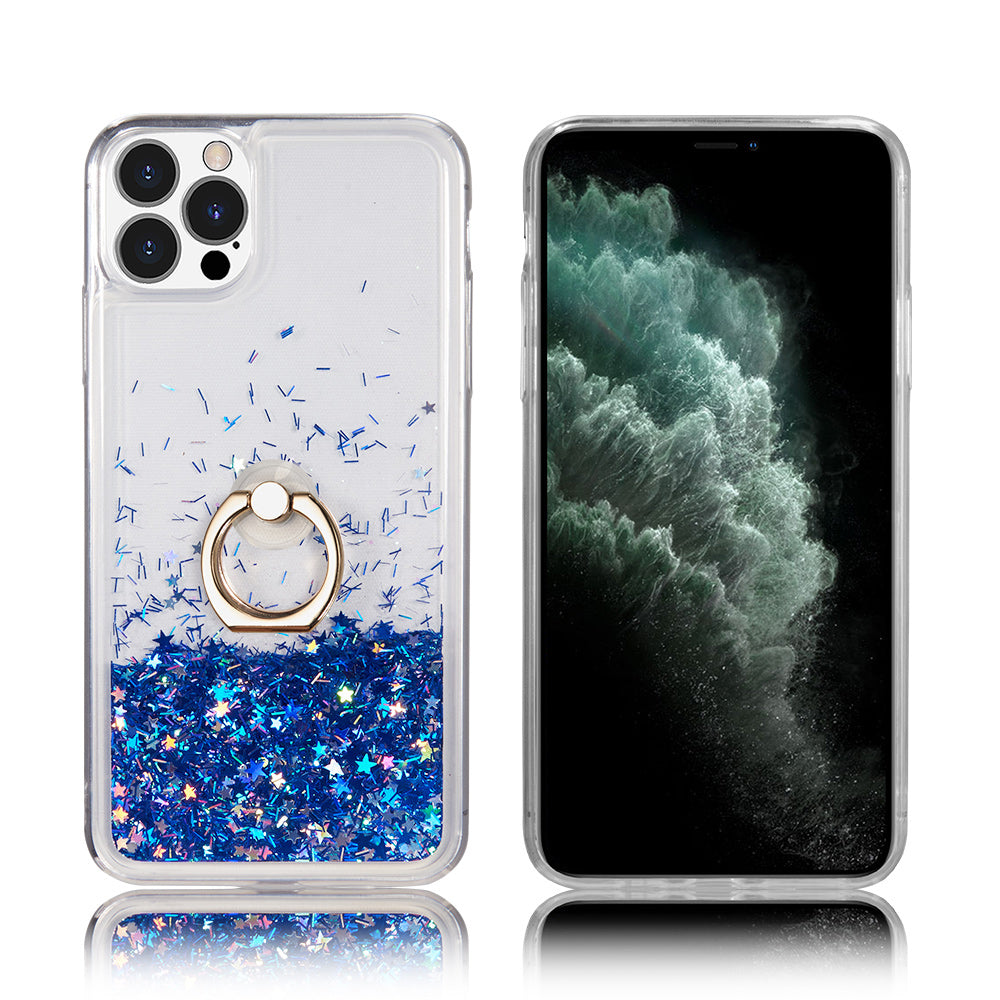 For Apple iPhone 14 /Plus Pro Max Hybrid Glitter Bling Sparkling Liquid Quicksand Sparkle TPU PC with Ring Stand Holder  Phone Case Cover