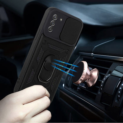 For Samsung Galaxy A02S Hybrid Cases with Slide Camera Lens Cover and Ring Holder Kickstand Rugged Dual Layer Heavy Duty  Phone Case Cover