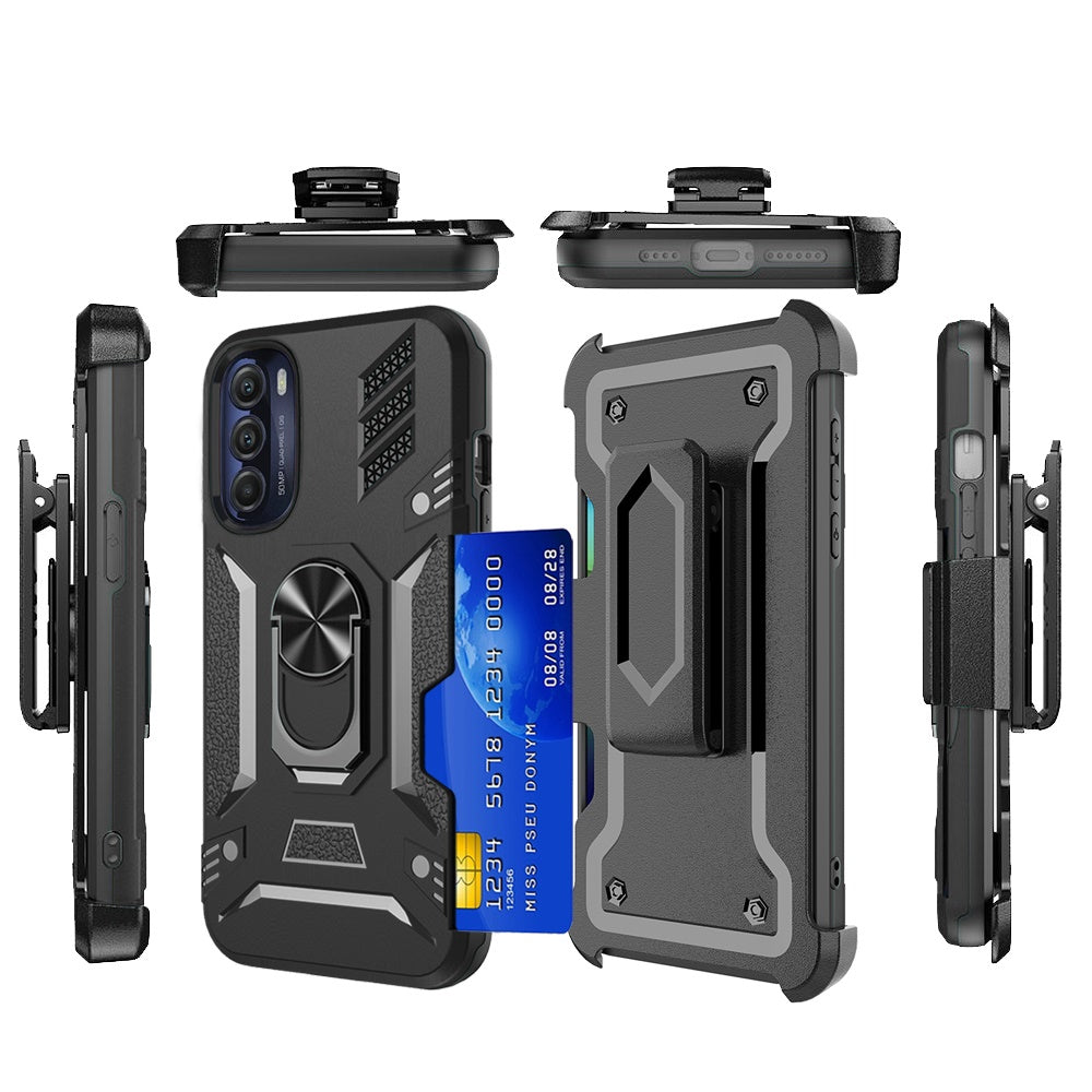 For Motorola Moto G Stylus 5G 2022 Wallet Case with Invisible Credit Card Holder 3in1 Combo Holster Clip and Ring Kickstand Black Phone Case Cover