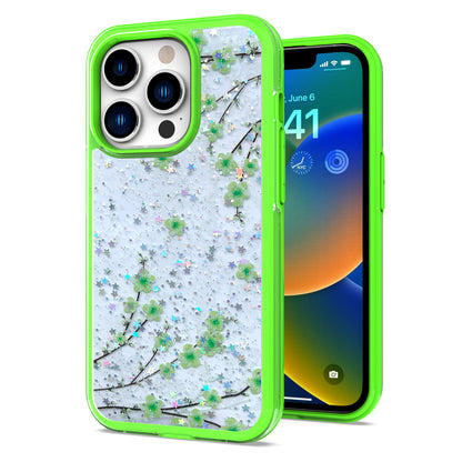 For iPhone 14 Pro (6.1") Sakura Spring Flowers Design Colorful Frame Hybrid Rubber TPU Hard Shockproof Rugged Slim  Phone Case Cover