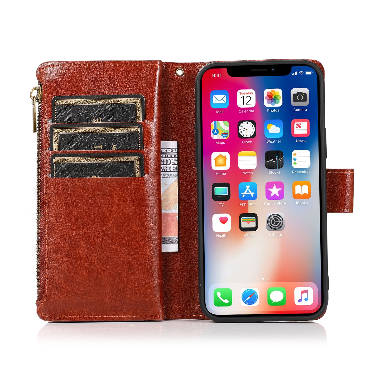 For OnePlus 10T 5G PU Leather Zipper Wallet Case 9 Credit Card Slots Cash Money Pocket Clutch Pouch Stand & Strap Brown Phone Case Cover